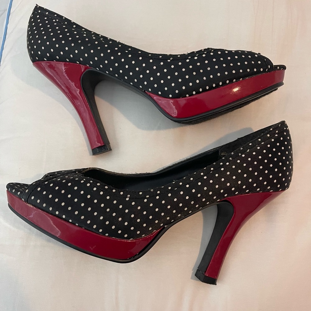 Madden Girl polka dot peep toe, red bottom heel, size 8.5